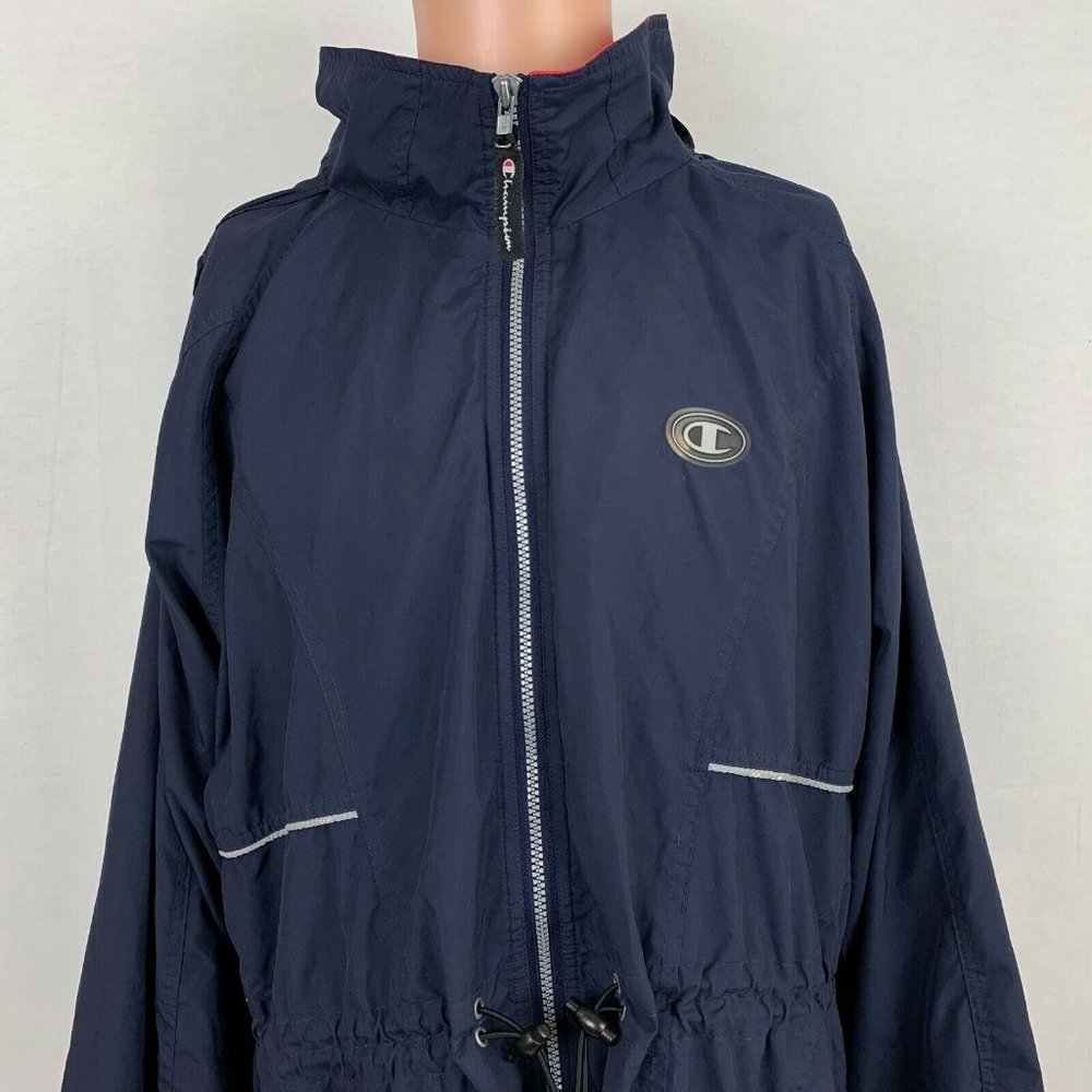 Champion Roll Up Hood Long Windbreaker Jacket Vintage 90s Blue Size XL